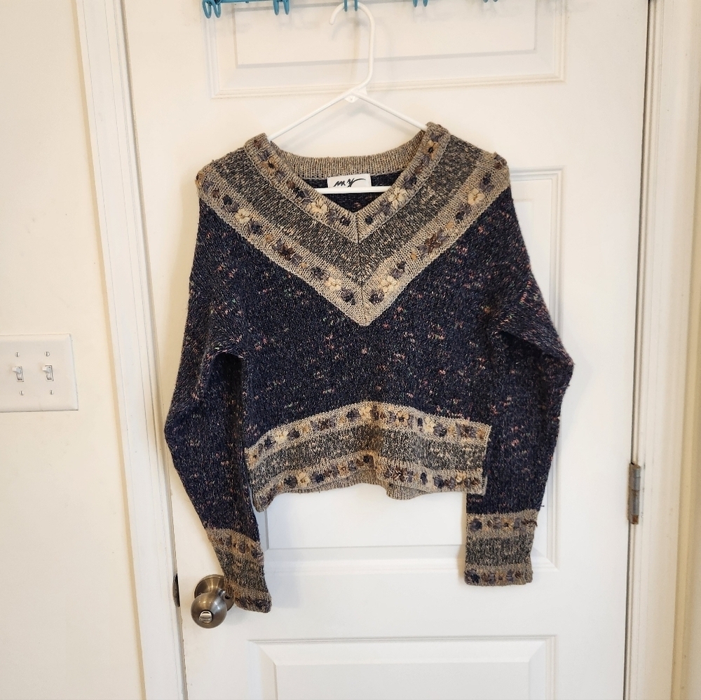 Funky 90s Vtg Crop Heavy Knit Multicolor V-Neck Sweater Size L‎ READ #DD683